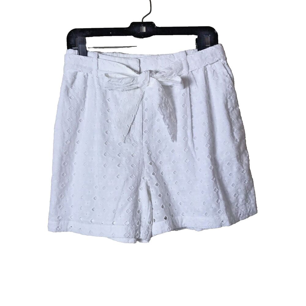 Nordstrom Woman's White Diamond Shaped Eyelet Tie Waist  Shorts  Size M